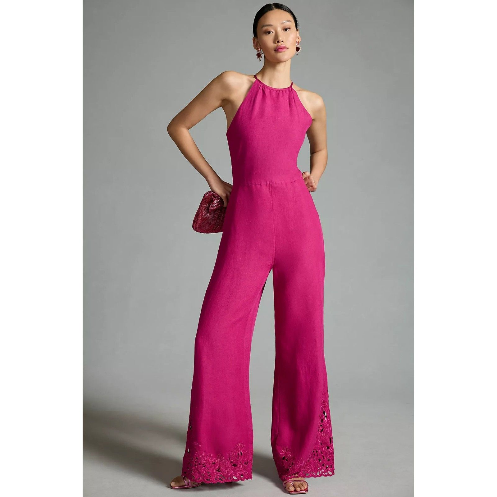 By Anthropologie Cutwork Linen Jumpsuit Halter Floral Sleeveless S-4 Nwt 285085